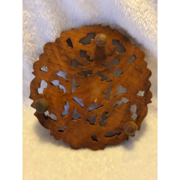 Vintage Sheesham Wood Hand Carved Footed Trivet Floral and Leaf Design - Picture 2 of 4